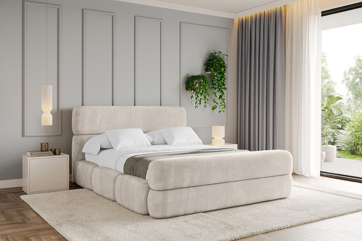 POLSTERBETT mit Bettkasten, Fußteil und Lattenrost, Bett mit Matratze H3/H4 - ELVA-Z 180x200 Beige - Beige, Holzwerkstoff/Textil (180/200cm) - ALTDECOR