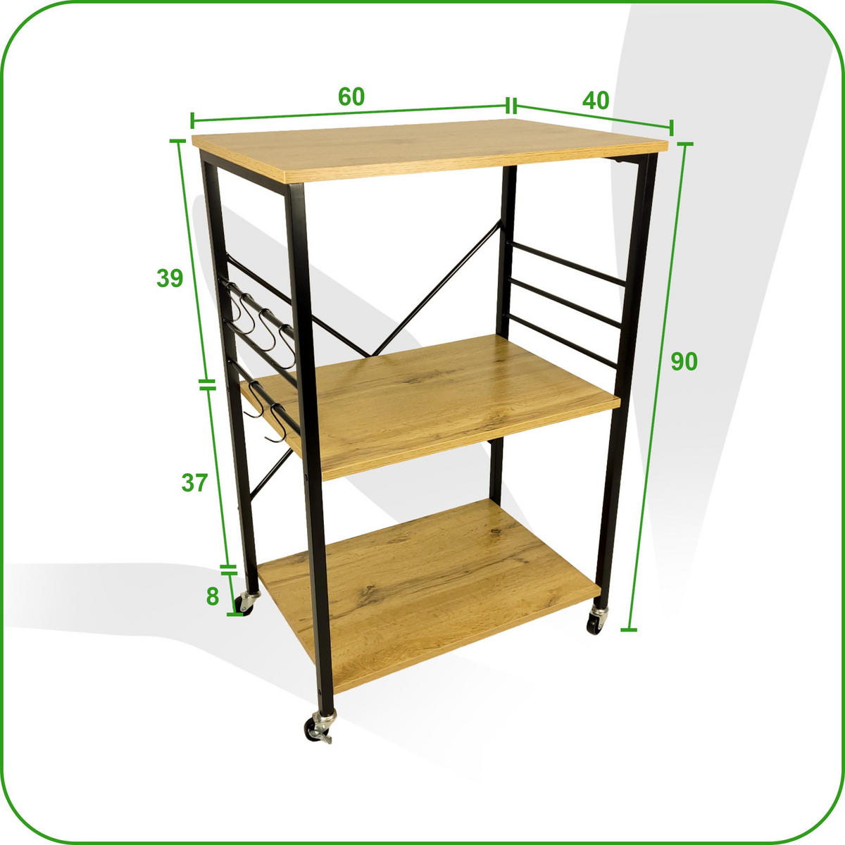 KÜCHENREGAL Holzoptik Metall Eichefarben Schwarz mit Rollen 60×40×90 cm - Eichefarben/Schwarz, Holzwerkstoff/Metall (60/90/40cm) - Begryf