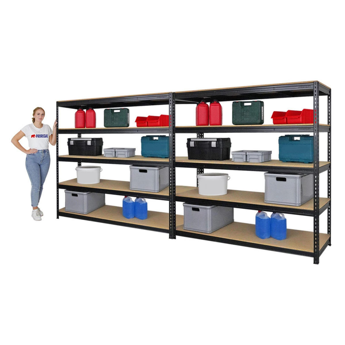 SCHWERLASTREGAL Bison 2er-Set mit 2x 200x200x60 cm 5 Fachböden Fachlast 600 kg Schwarz - Schwarz, Metall (400/200/60cm) - PROREGAL