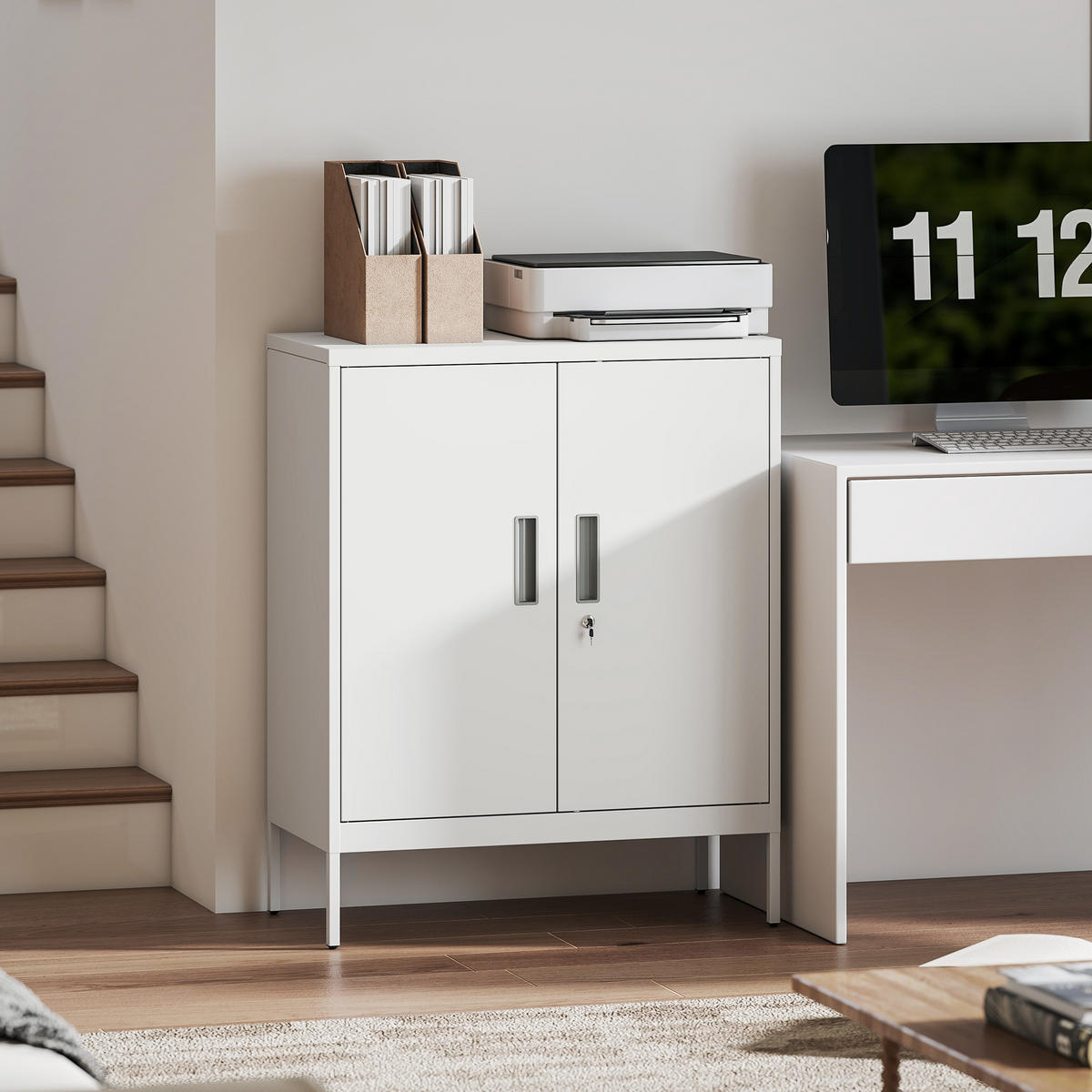 AKTENSCHRANK abschließbar Büroschrank mit 2 Türen 2 verstellbar Regalen Stahl - Weiß, Metall (40/100/80cm) - HOMCOM