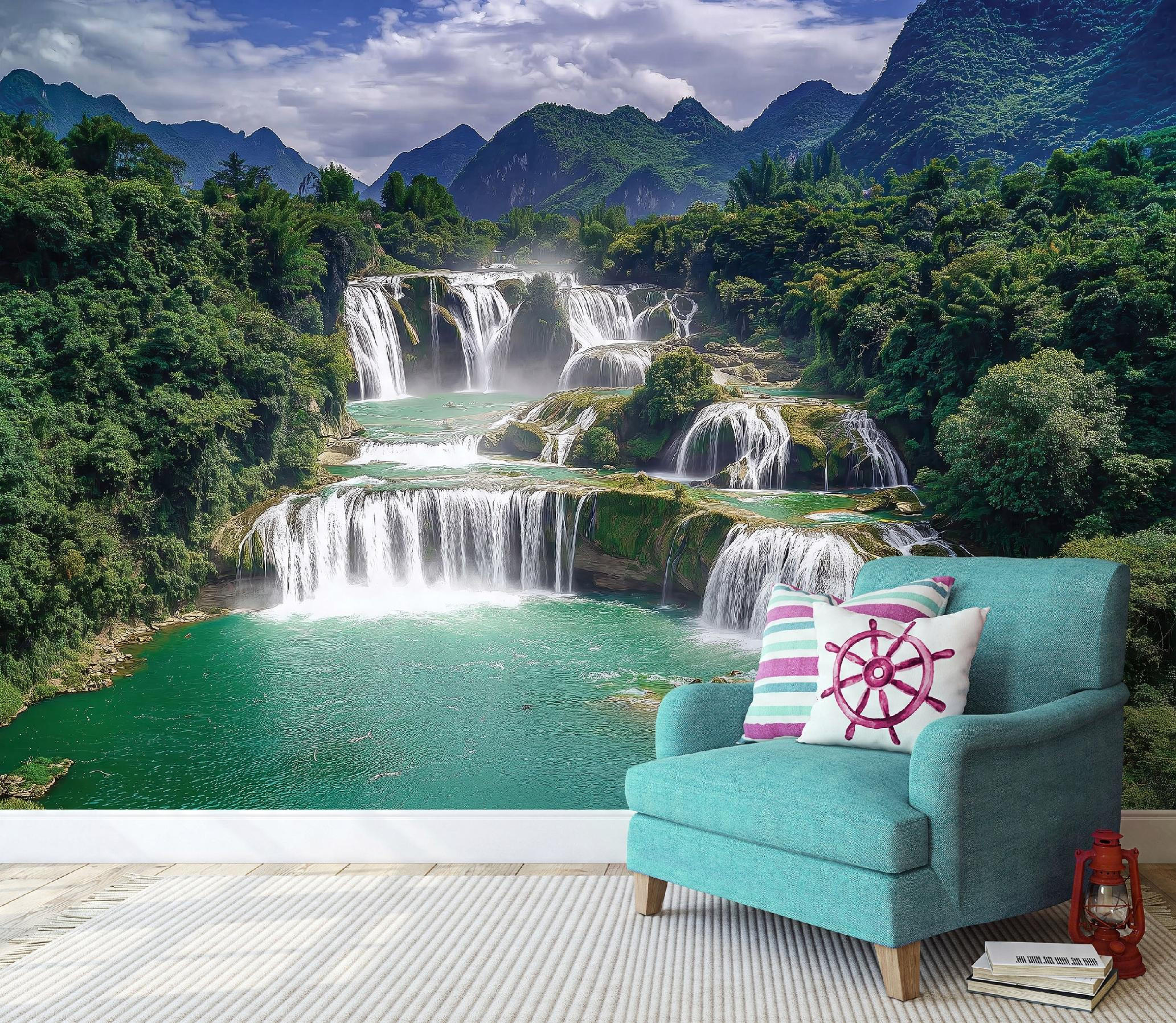 FOTOTAPETE 3D Effekt Wasserfall Natur Wald Wohnzimmer 250x175 - Multicolor, Papier (250/175cm) - Wallarena