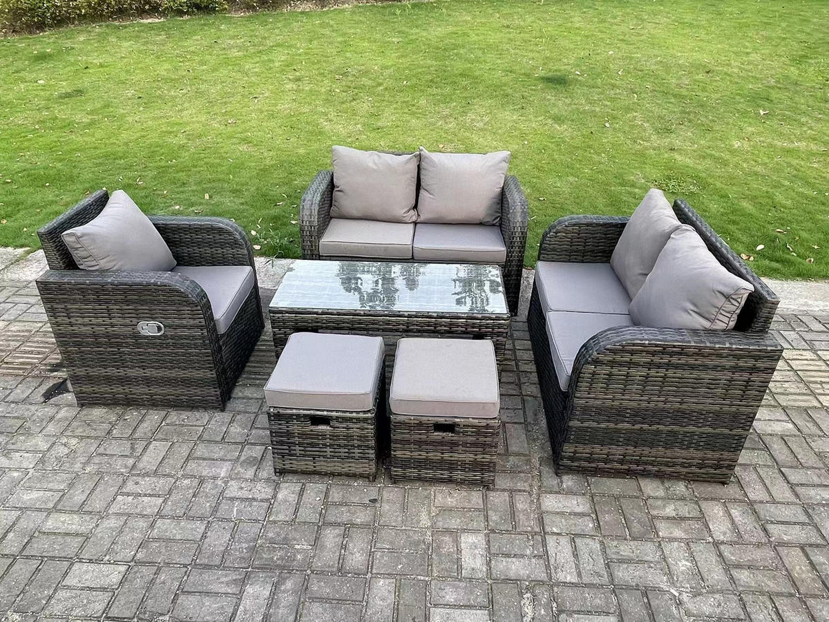 GARTENMÖBELSET mit 2 kleinen Hockern Polyrattan 7-Sitzer - Dunkelgrau/Grau, Glas/Kunststoff - Fimous