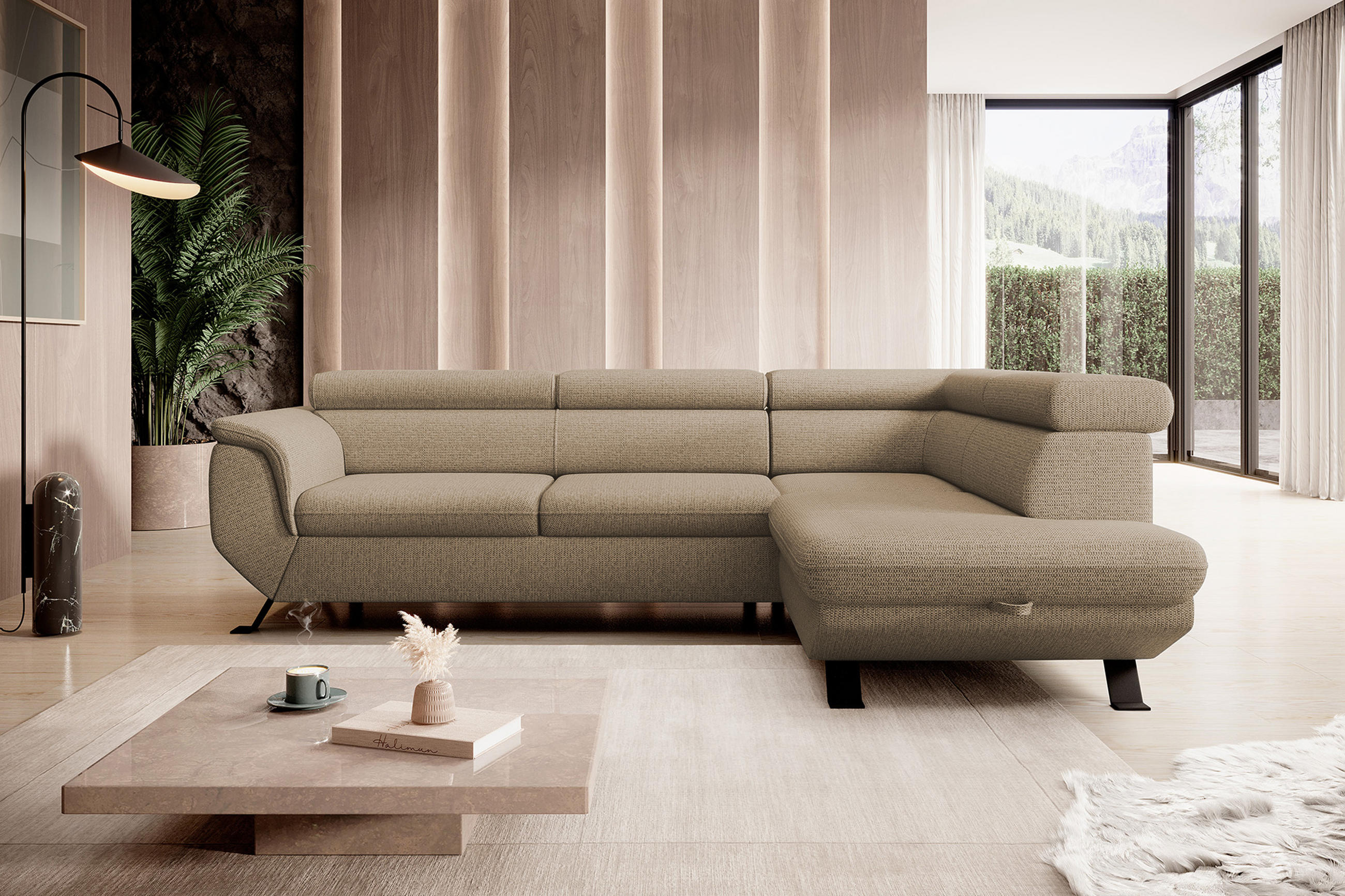 ECKSOFA Raven L mit Schlaffunktion und Bettkasten, Freistehend, Polstersofa mit Verstellbaren Kopfstützen, 257x198x96 cm – Rechte, Cappucino - Cappuccino, Holz/Textil (256/198cm) - DomoHome