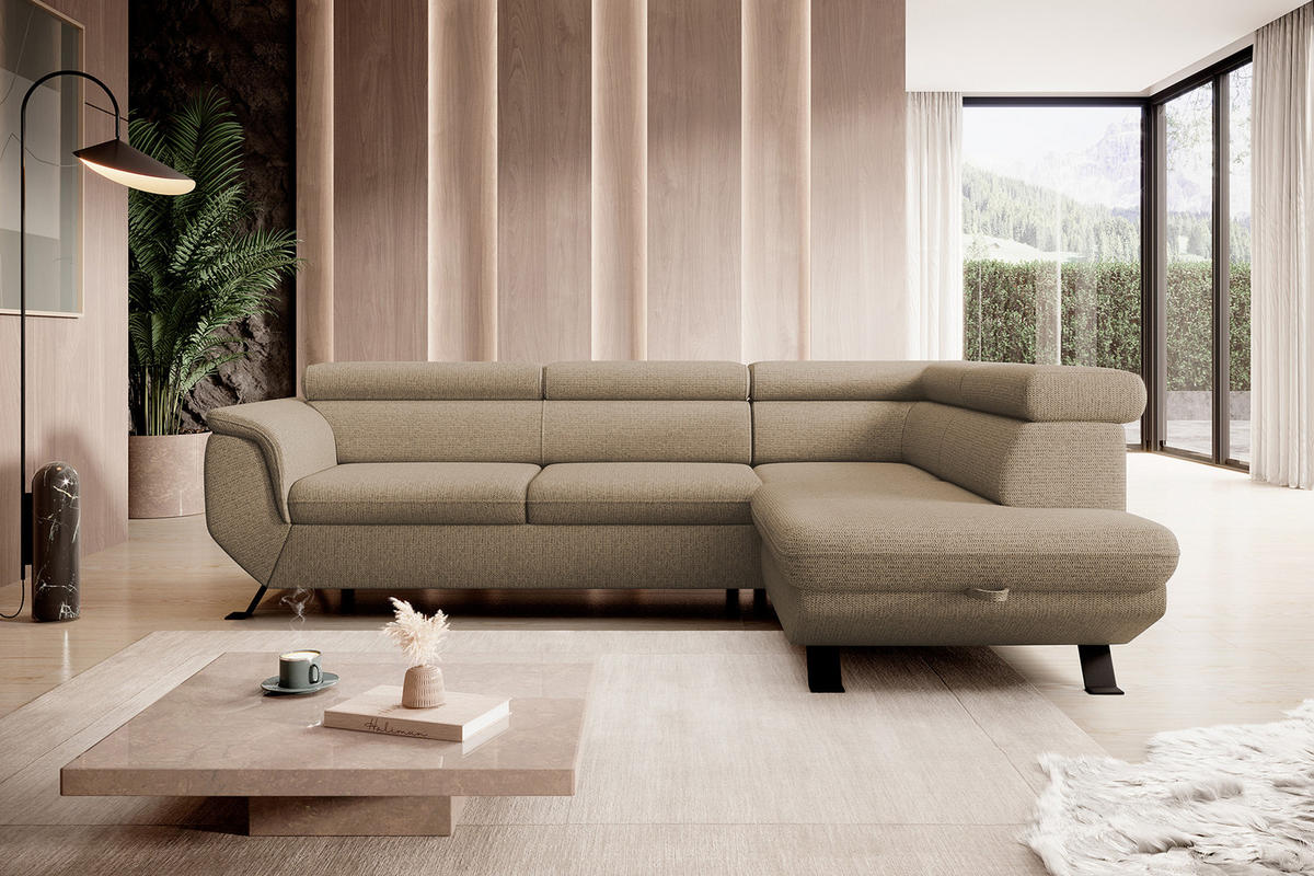 ECKSOFA Raven L mit Schlaffunktion und Bettkasten, Freistehend, Polstersofa mit Verstellbaren Kopfstützen, 257x198x96 cm – Rechte, Cappucino - Cappuccino, Holz/Textil (256/198cm) - DomoHome
