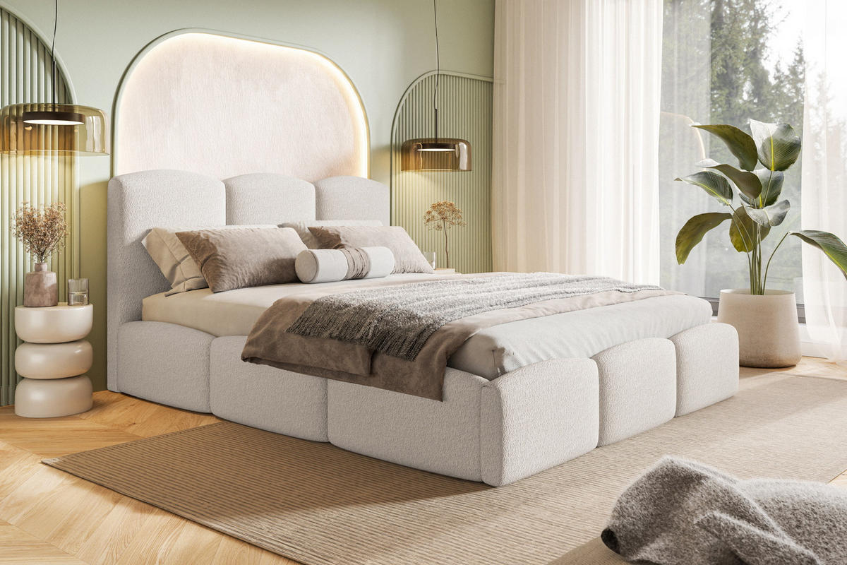 POLSTERBETT 140x200 Roma Slim mit Bettkasten, Lattenrost, Boucle Creme - Creme, Holz/Textil (140/200cm) - Emporius