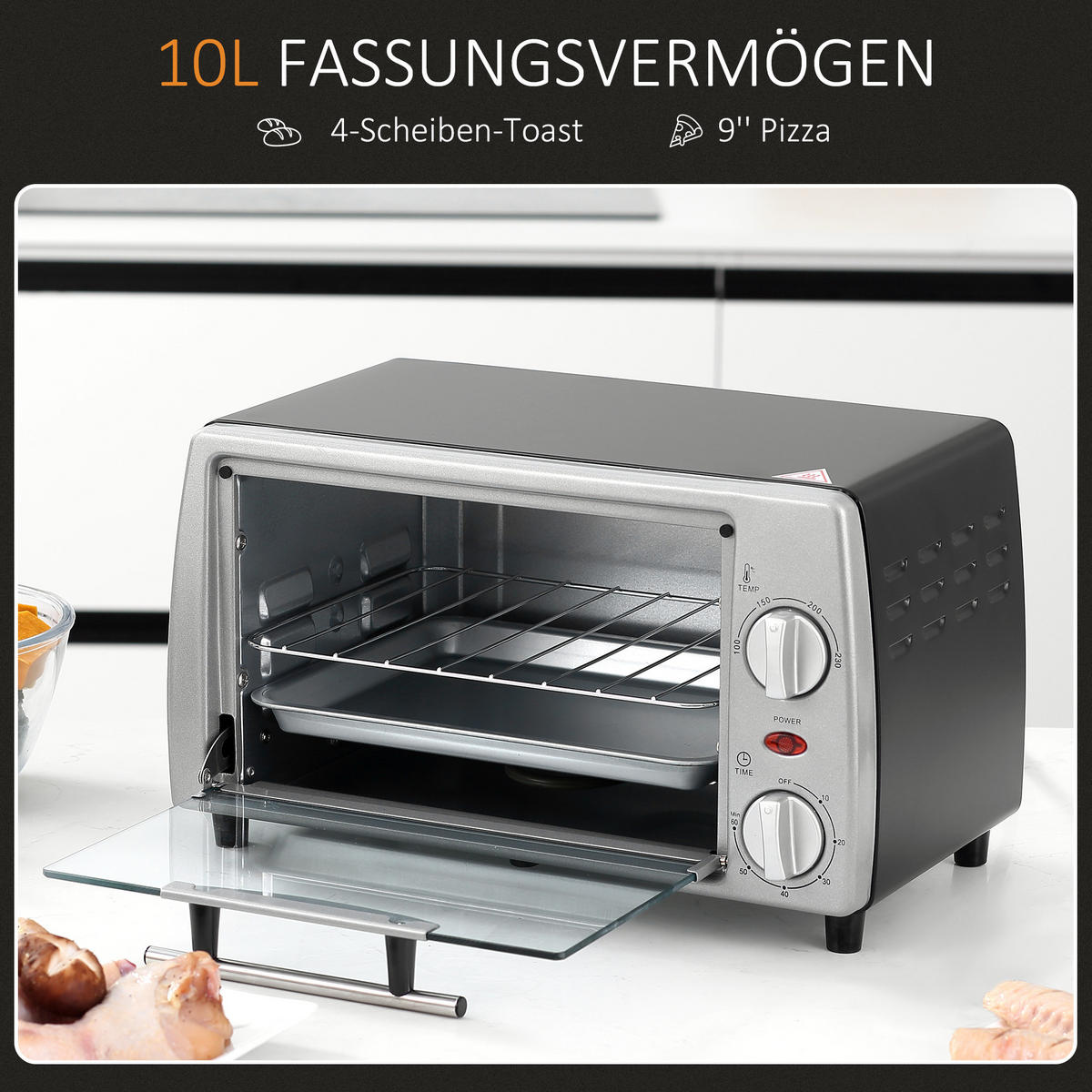 MINIBACKOFEN 10L 750W Elektrobackofen mit Grillrost & Backblech, Einstellbarer Timer und Temperatur, Silber Schwarz - Silberfarben, Metall (36.5/22/26cm) - Beaface