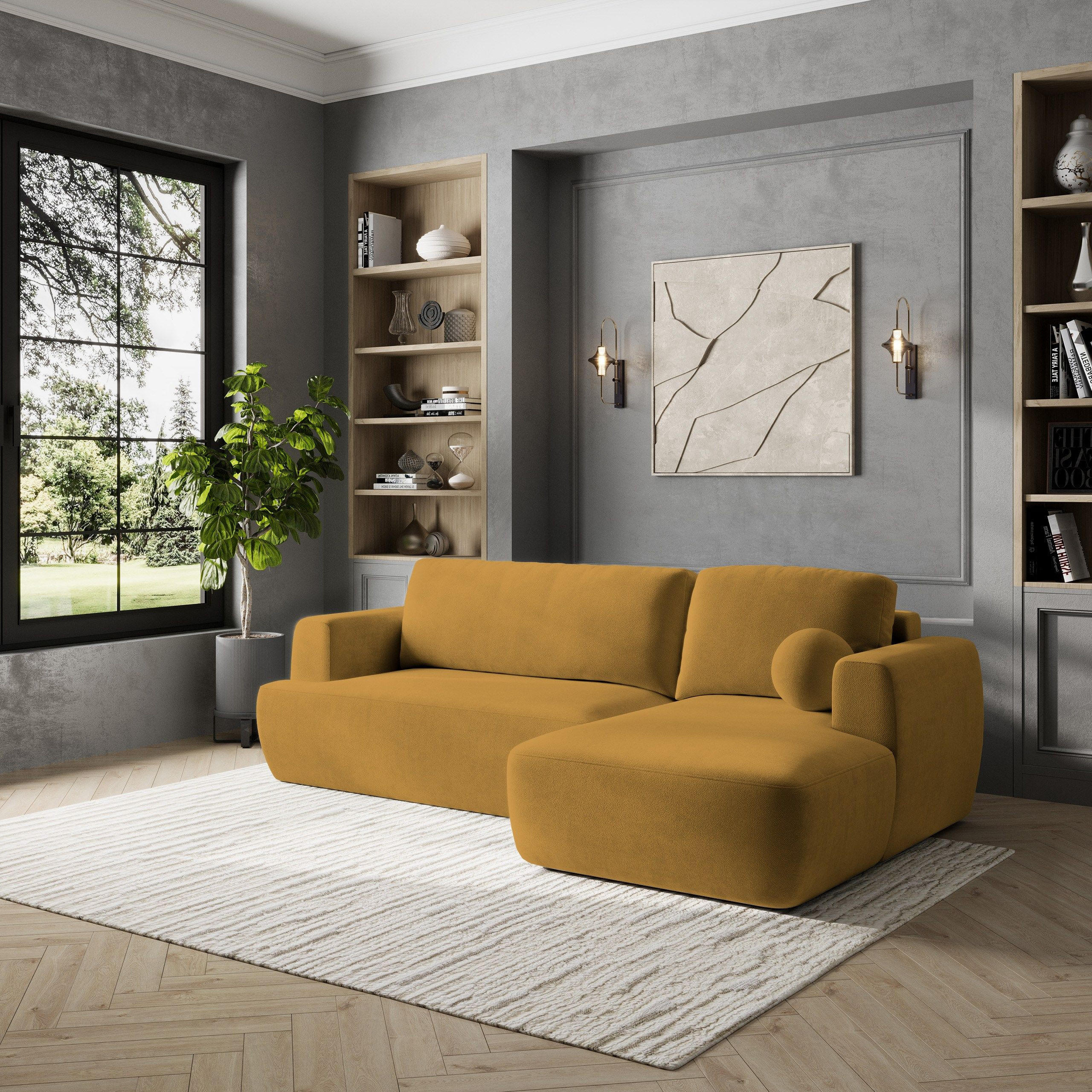 ECKSOFA SENTI K R-S Gelb Plüsch-Stoff mit Schlaffunktion - Gelb, Holz (246/148cm) - MASSENO