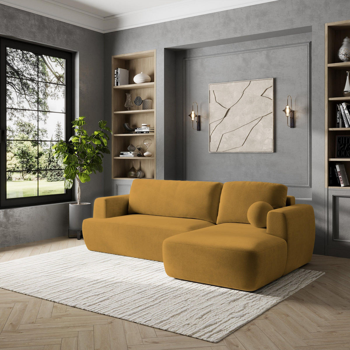 ECKSOFA SENTI K R-S Gelb Plüsch-Stoff mit Schlaffunktion - Gelb, Holz (246/148cm) - MASSENO