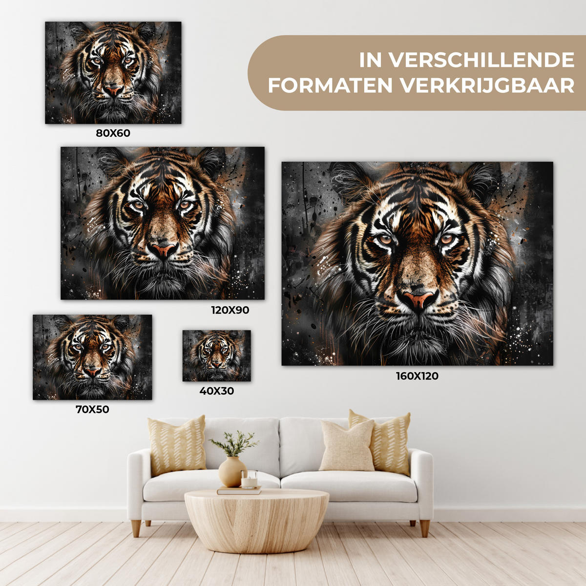 OBRAZ NA PLÁTNĚ Tygr - Zvířata - Portrét - Luxusní - Černá 80x60 cm - antracitová, textil (80/60cm) - MuchoWow