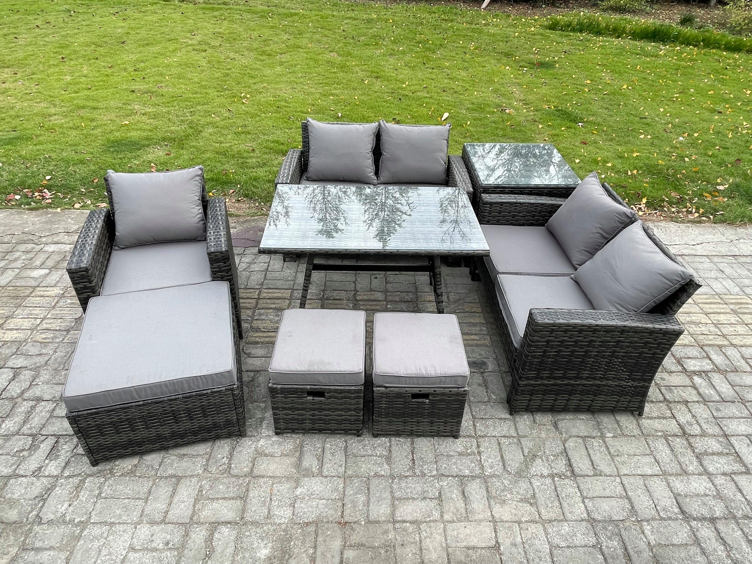 GARTENMÖBELSET mit ESSTISCH,HOCHLEHNER-SOFA Polyrattan Dunkelgrauer Mix 8-Sitzer - Dunkelgrau/Grau, Glas/Kunststoff - Fimous