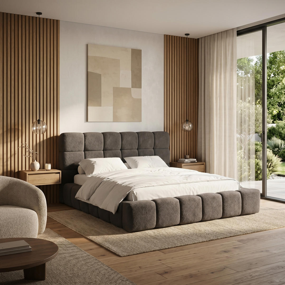 POLSTERBETT AMITY MAXI 200x200 cm in Olivgrün, gepolstertes Kopfteil, Lattenrost, Bettkasten, Bouclé-Stoff - Naturfarben/Olivgrün, Holz/Textil (200/200cm) - Muffo