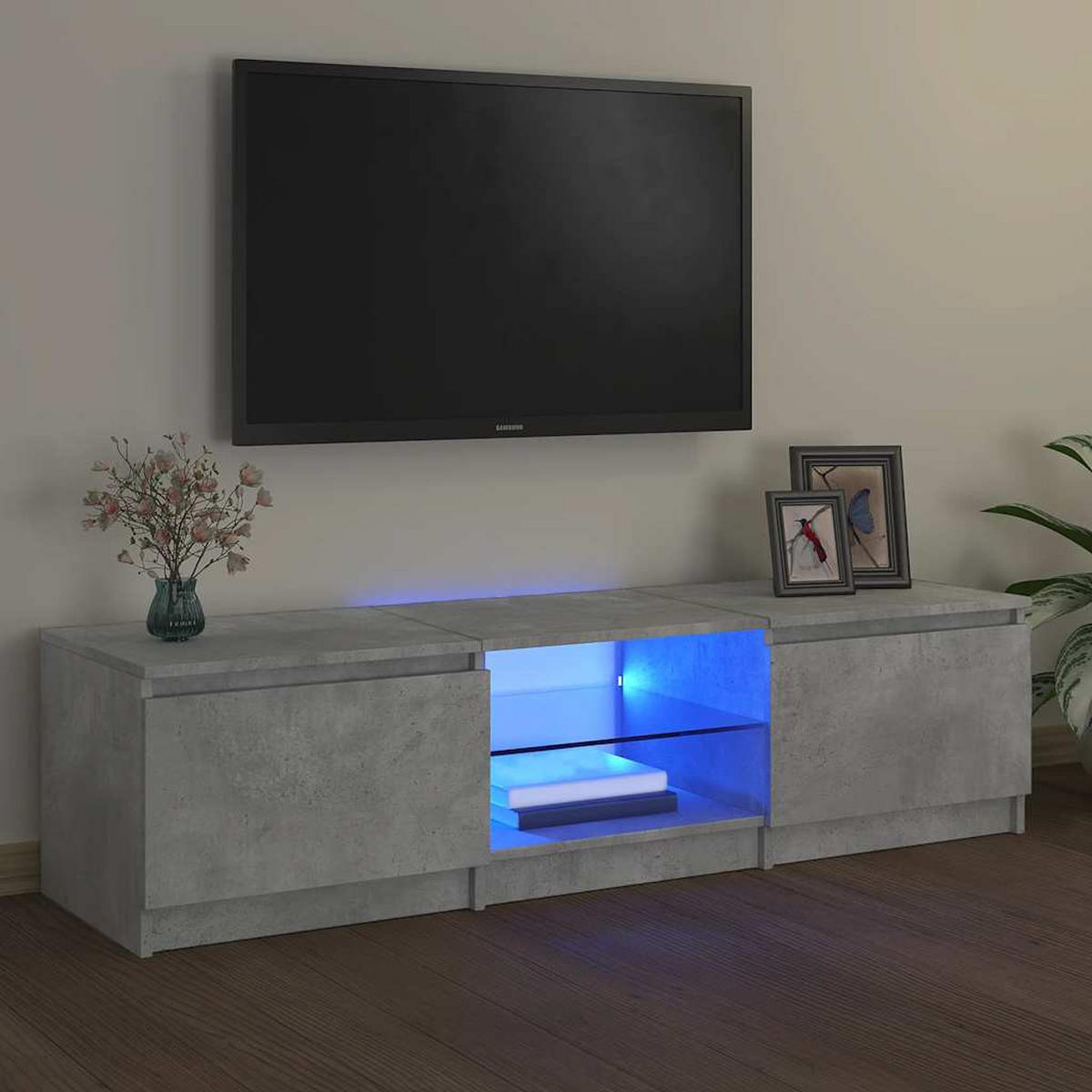 LOWBOARD mit LED und 2 Türen, 140/40/60cm, aus Holzwerkstoff, in Betongrau - Hellgrau/Grau, Holz (40/36/140cm) - vidaXL