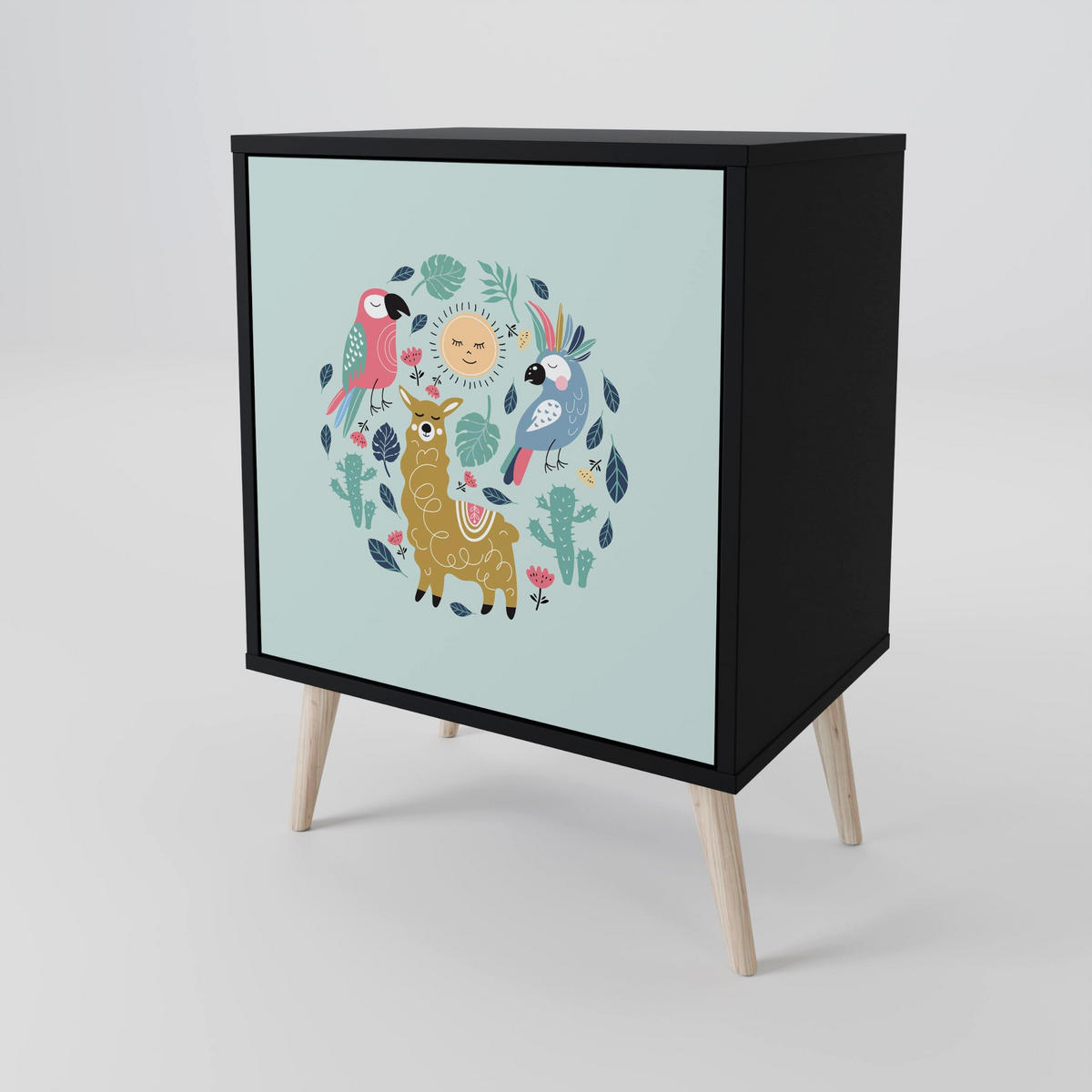 SIDEBOARD COLORFUL ALPACAS, Schwarz, 57,5x42x72,5 cm, Schwarze Metallfüße - Multicolor/Schwarz, Holzwerkstoff/Metall (57.5/72.5/42cm) - SpaceRebels