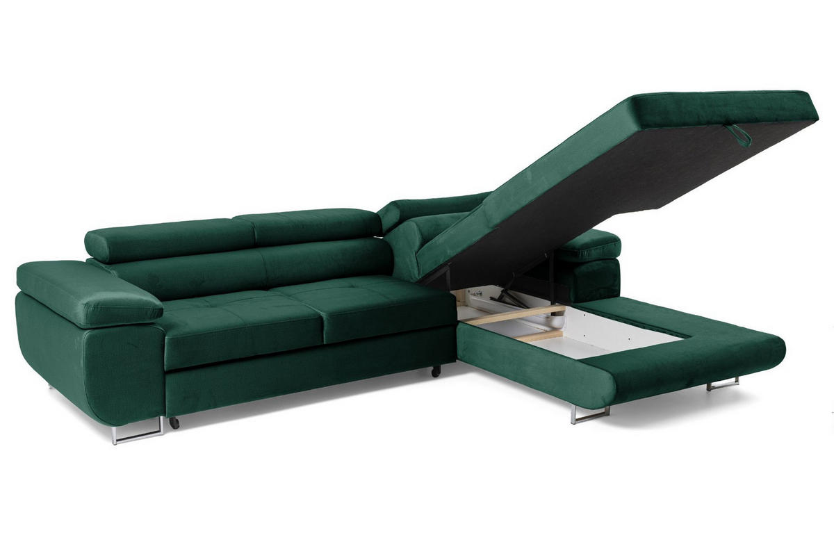 ECKSOFA ALONZO L Rechts mit Schlaffunktion 125x195 Velours Grün - Silberfarben/Grün, Holz/Textil (203/275cm) - Muffo