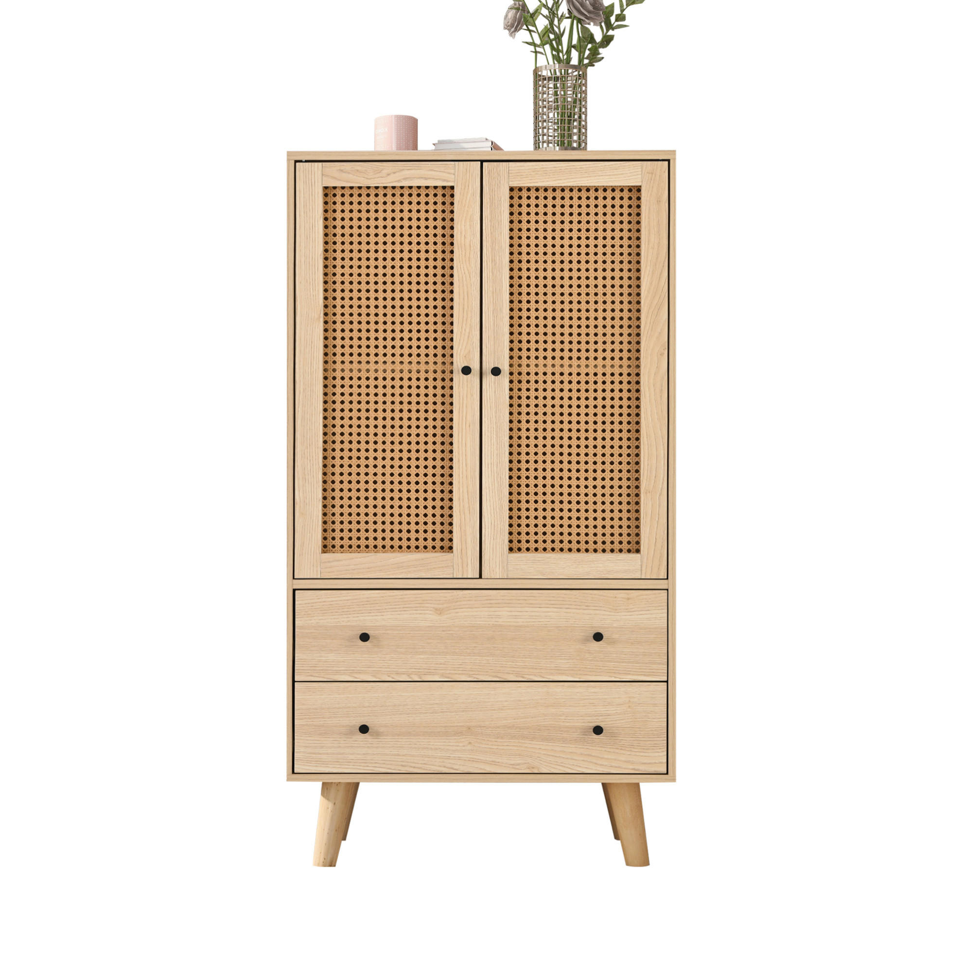 KOMODA 60/40/120 cm s 2 dvierkami a 2 zásuvkami, ratanovým dekorom a veľkým úložným priestorom, Dub - farba duba, kompozitné drevo (60/120/40cm) - Redom