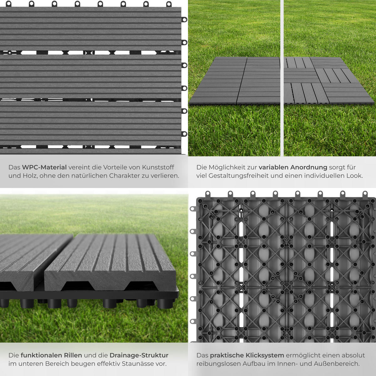 TERRASSENFLIESEN Tegulas,31 x 31 x 2,2 cm,grau - Grau, Kunststoff (31/31/2.2cm) - tectake