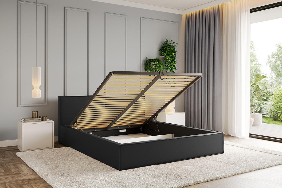 POLSTERBETT mit Bettkasten und Lattenrost, Boxbett ohne Matratze - EMMI-V1 180x200 Schwarz Kunstleder - Schwarz Hochglanz, Holzwerkstoff/Textil (180/200cm) - ALTDECOR