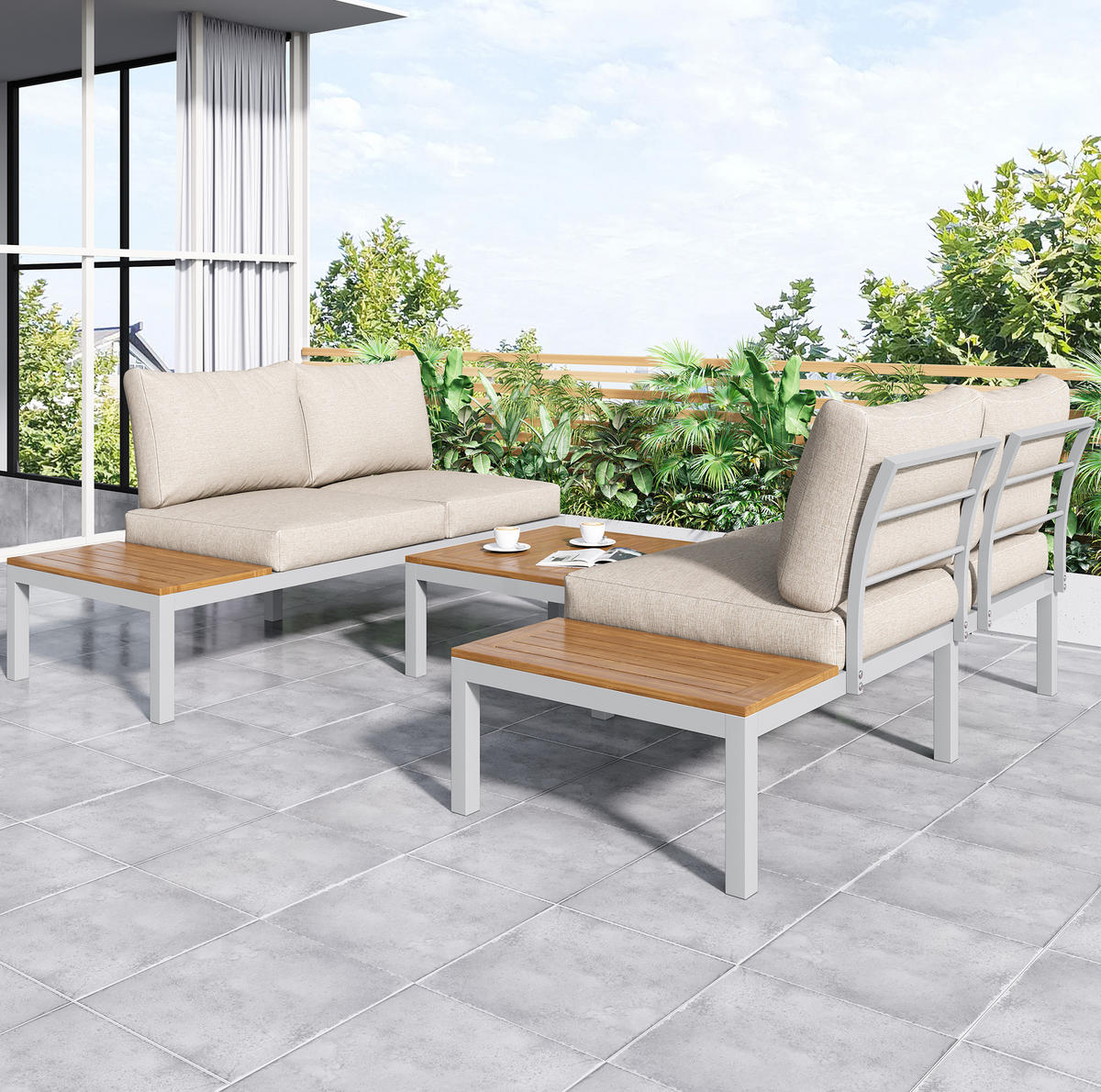 GARTENLOUNGE-SET mit Stahlgestell & Akazien-Optik, 2/ Sofa 120/60/66 cm, Beige - Beige, Metall - Redom
