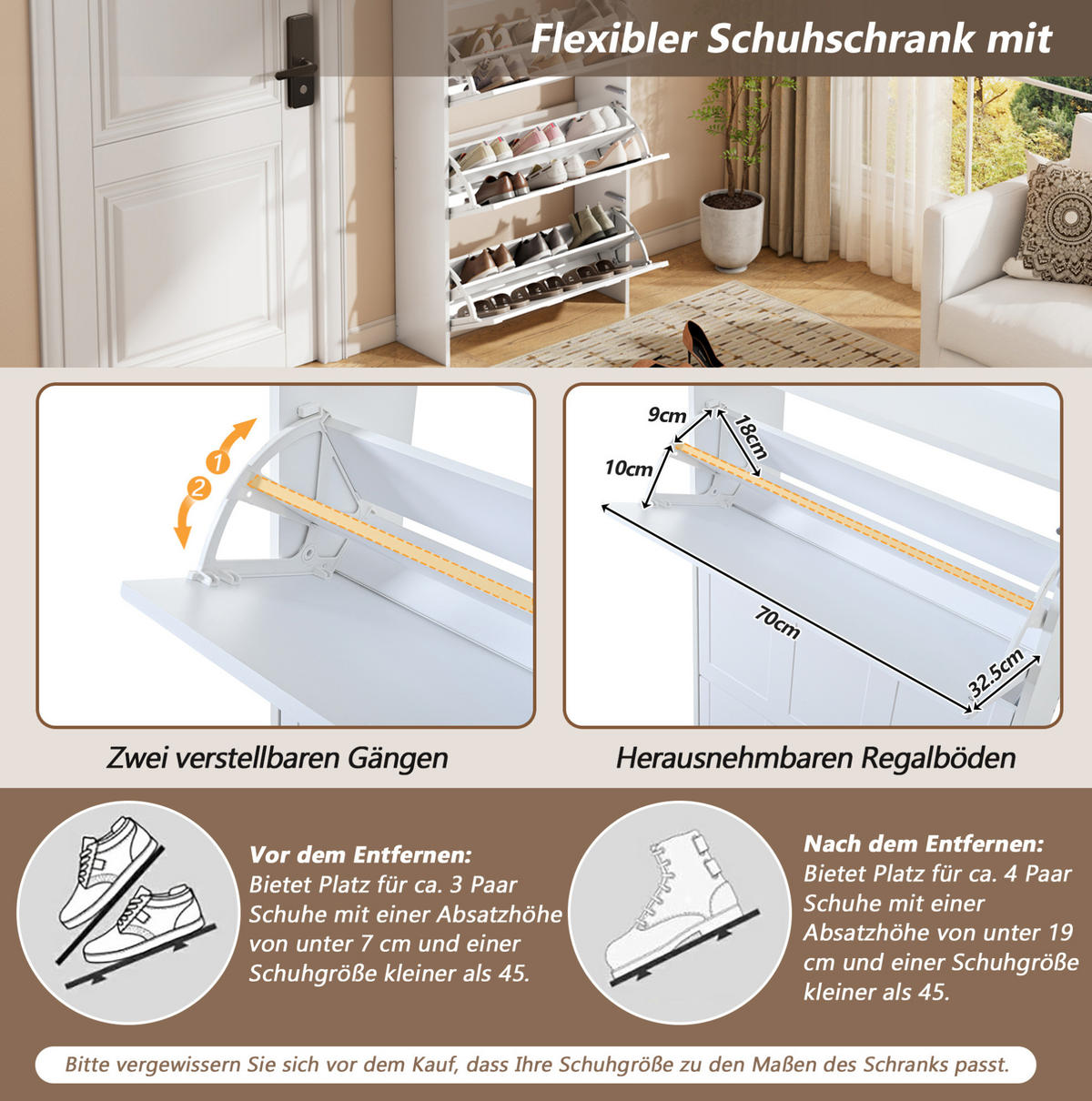 SCHUHSCHRANK 70/25/120 cm weiß aus MDF mit Klapptüren und Schublade - Weiß, Holzwerkstoff (70/120/25cm) - OKWISH