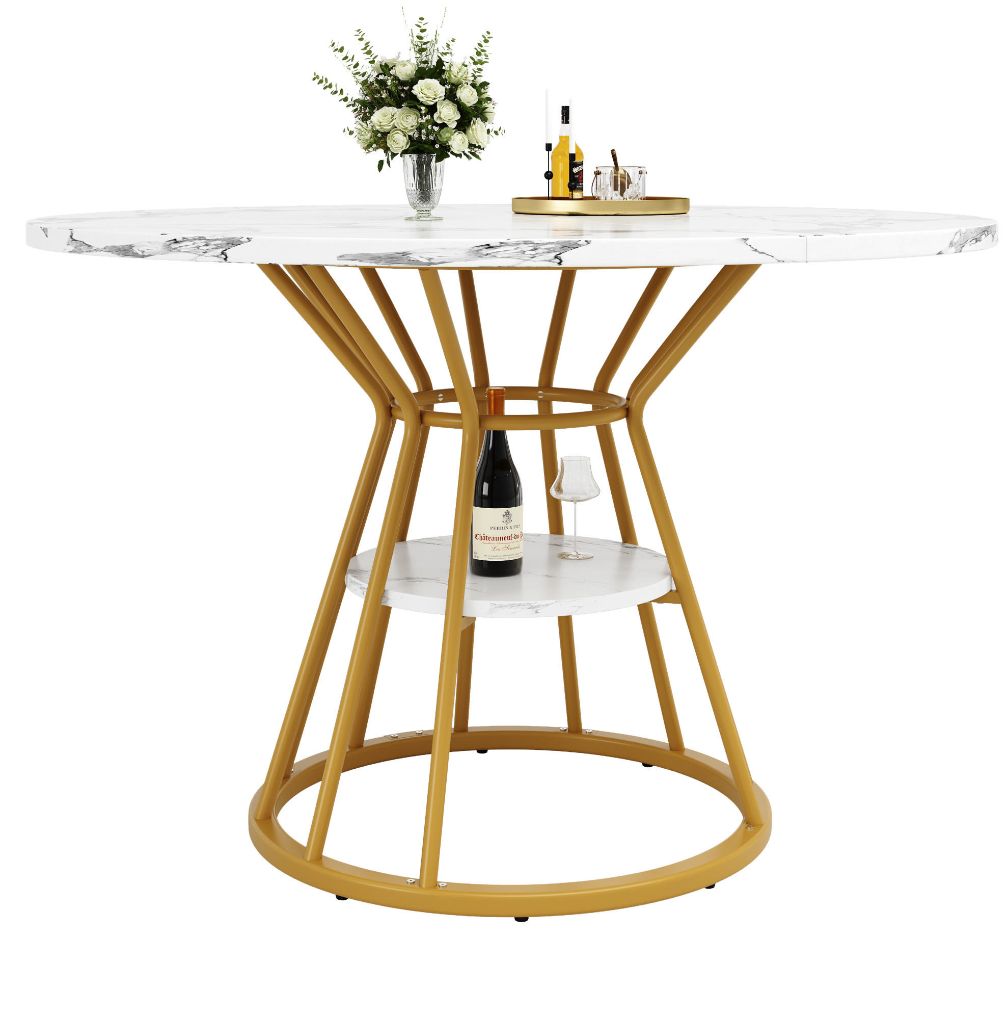 ESSTISCH 100/100/76 cm gold mit Ablagefläche und verstellbaren Füßen aus MDF und Metall - Goldfarben, Holzwerkstoff (100/100/76cm) - OKWISH