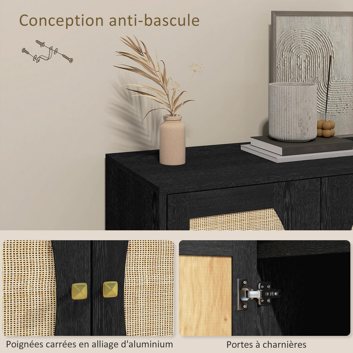 SIDEBOARD DE-11084 Boho-Design mit 2 Türen & Rattan-Front Schwarz - Schwarz, Holzwerkstoff (80/79/38cm) - ComfortXL