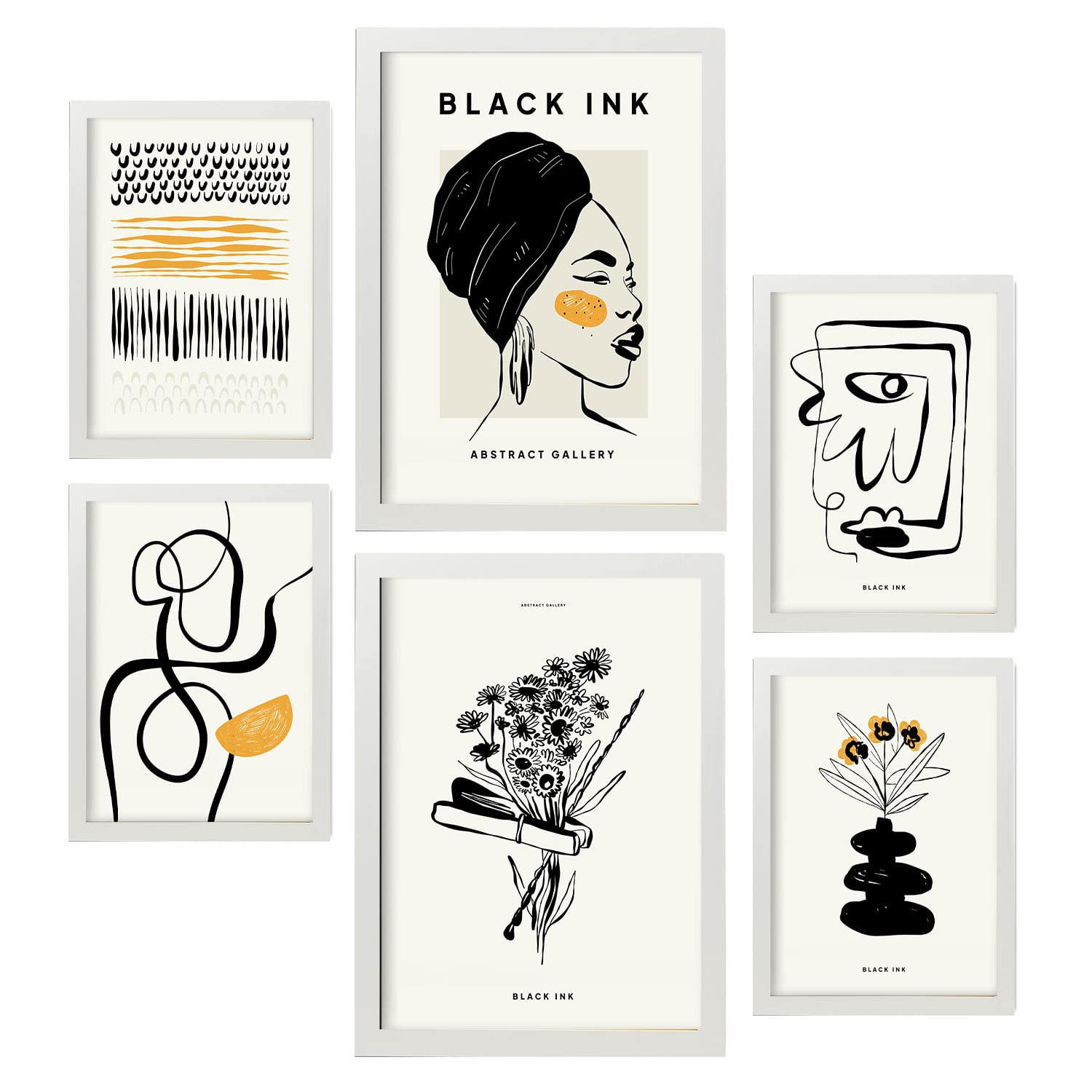 POSTER Set Mit 6 In Schwarzer Tinte Natürlich Künstlerische Und Abstrakte Drucke Für Innenarchitektur A3 & A4 Weißer Rahmen - Weiß, Papier (29/3cm) - Nacnic