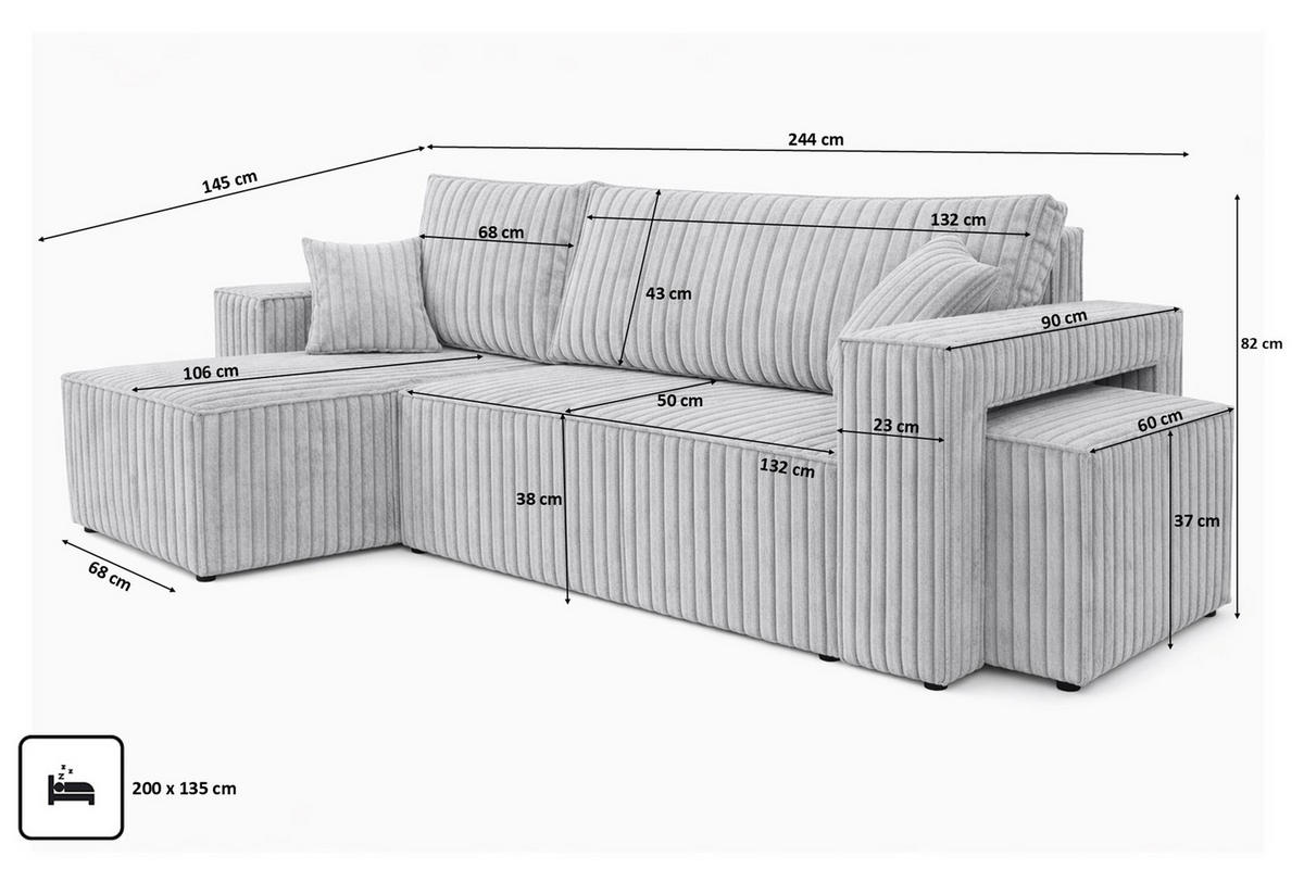 ECKSOFA Mit Schlaffunktion Und Pouf, Cordstoff Tilia, Grau, Links, Best L Mit Pouf - Grau, Holz (244/145cm) - Kaiser Möbel