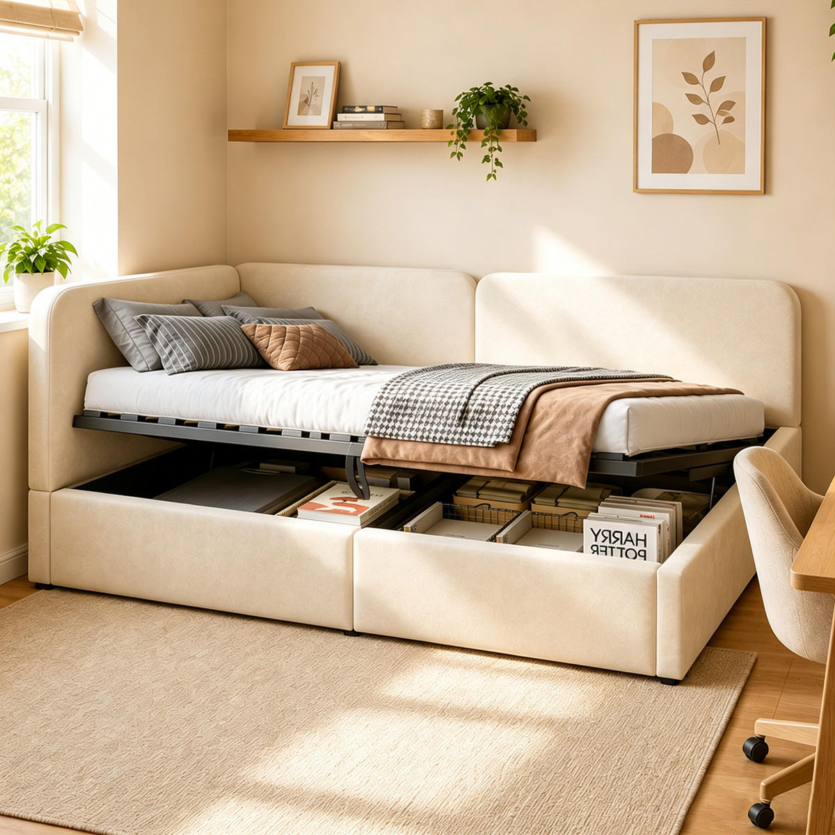 TAGESBETT 140/200 mit Bettkasten, Samtbezug, Lattenrost, Beige - Beige, Holz/Textil - LVHOM