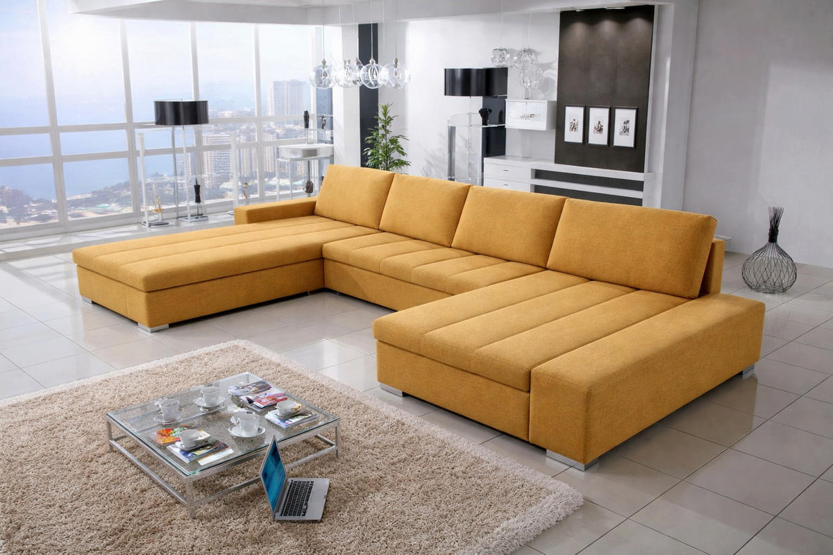 WOHNLANDSCHAFT VERONA U-Form mit Schlaffunktion, Bettkasten und Wellenfederung – Großzügiges Ecksofa 387 cm - Gelb, Kunststoff (387/85/213cm) - Wohnideebilder