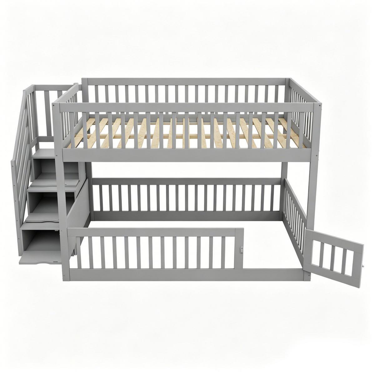 ETAGENBETT 140/200 cm, Grau aus Massivholz mit Stauraumtreppe - Grau, Holz (140/200cm) - MIVRAY