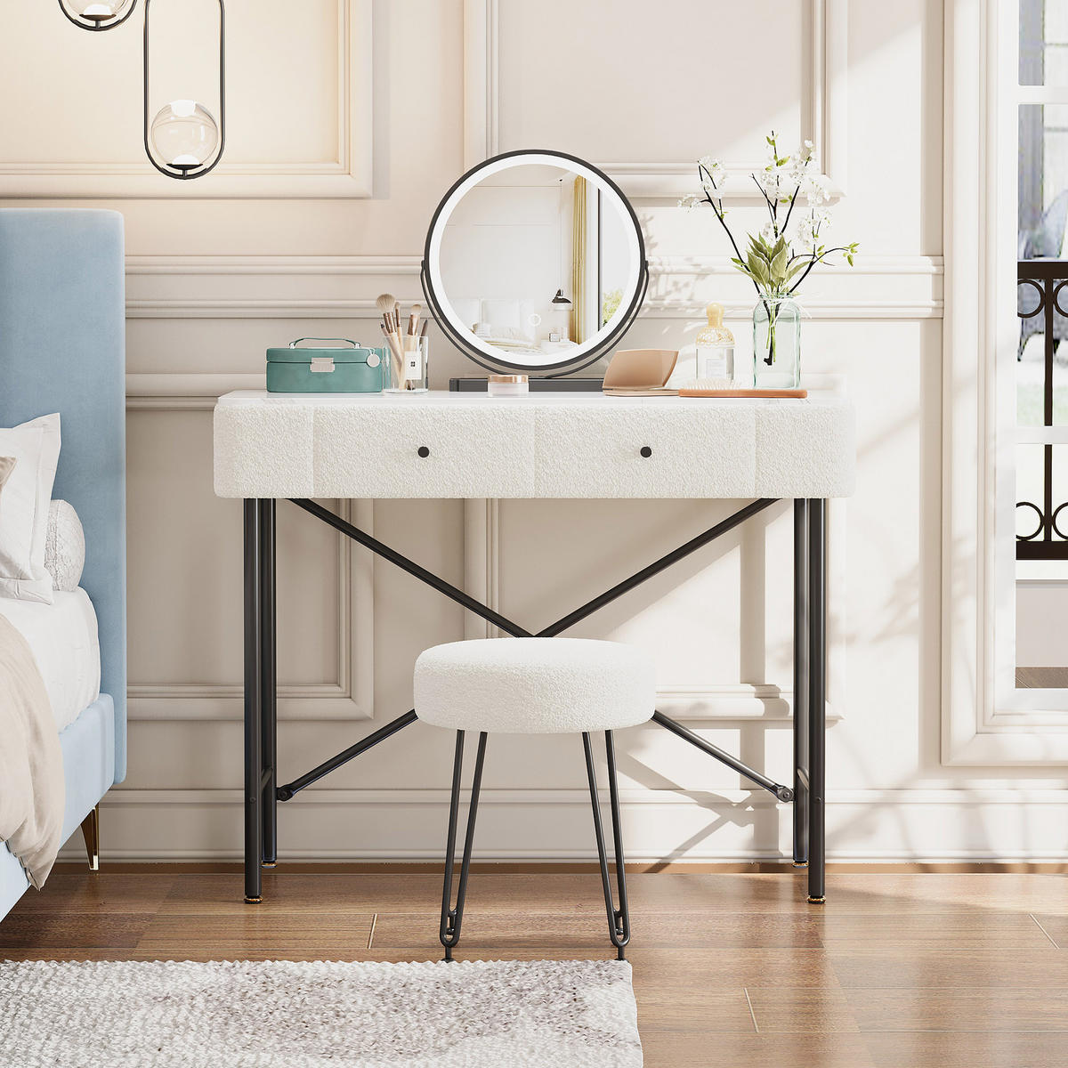 SCHMINKTISCH mit LED-Spiegel & Hocker, 2 Schubladen, Marmoroptik Tischplatte, moderner Frisiertisch,Weiß, 100x40x120 cm - Weiß, Holz (40/120/100cm) - Ej. Life