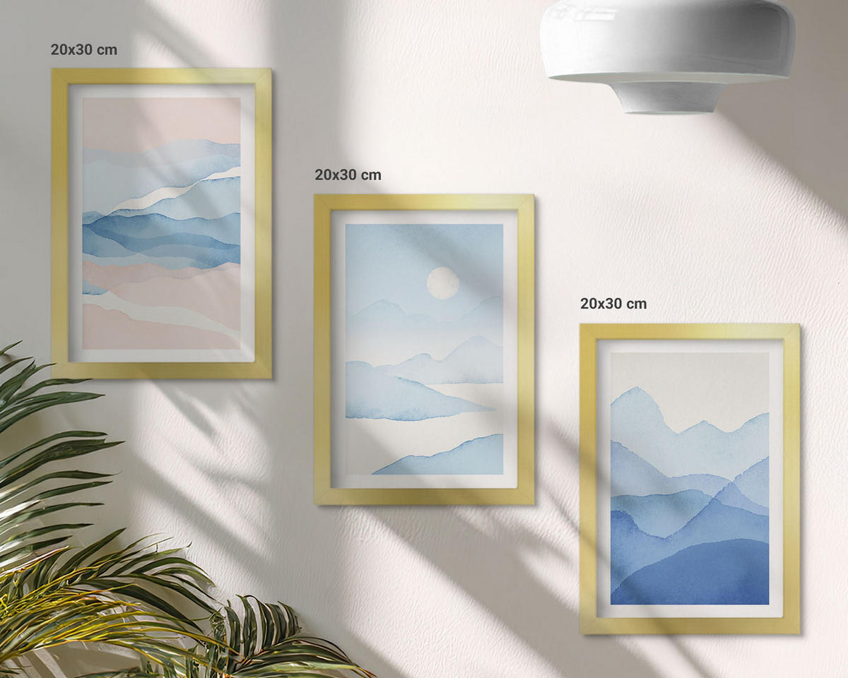 WANDBILDER 3er Set - 20x30 cm Goldrahmen - Aquarell: Blau-rosa Berge - Goldfarben, Kunststoff (20/30cm) - ArtPrintCave