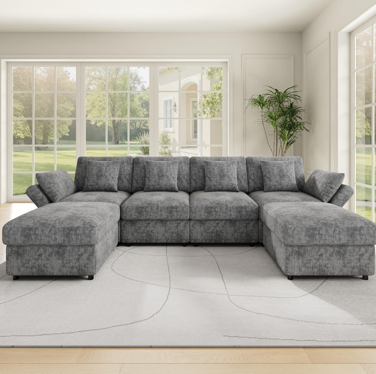 MODULARES Ecksofa 284/156,5/86 cm aus Chenille mit verstellbaren Armlehnen Grau - Grau, Textil (156.5/284cm) - Modenvie