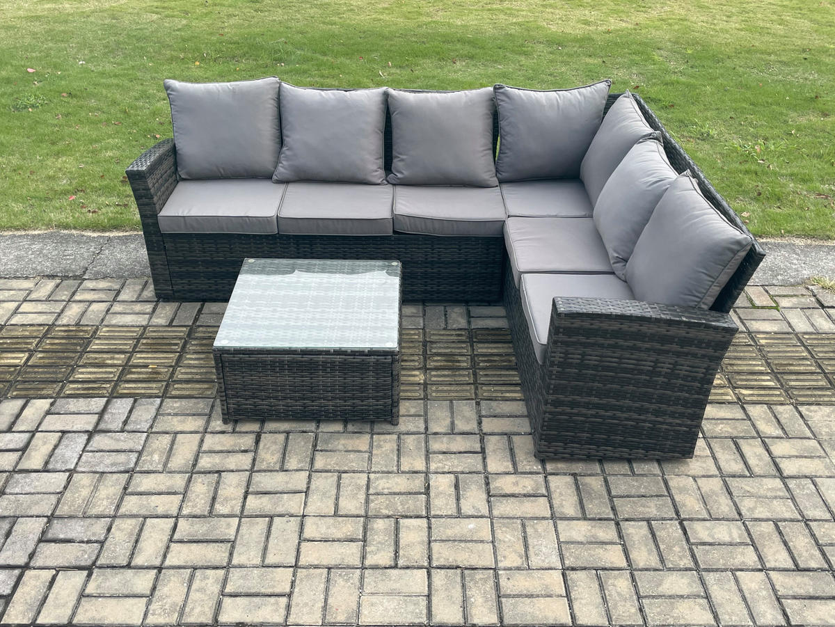 GARTENSOFA SET Hohe Rückenlehne Polyrattan Dunkelgrauer Mix 7-Sitzer - Dunkelgrau/Grau, Glas/Kunststoff - Fimous