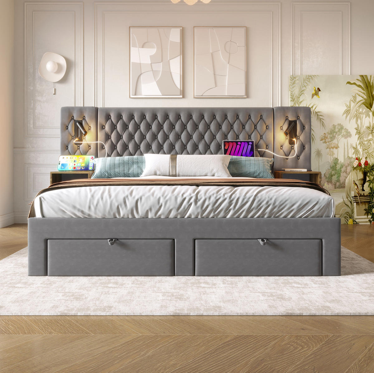 SAMT-POLSTERBETT 160/200 cm mit 4 Schubladen, Leselicht und USB, Grau - Grau, Textil (160/200cm) - BEAOK