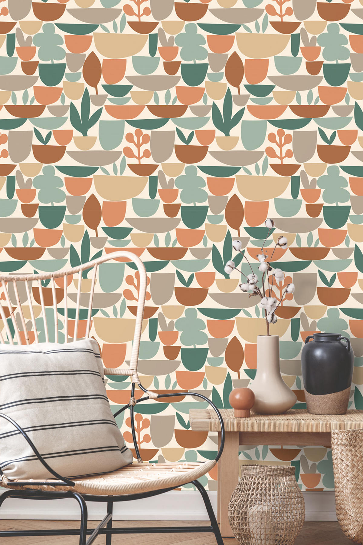 TAPETE Keramik und Pflanzen 50 x 900 cm - Terracotta, Papier (50/900cm) - ESTAhome