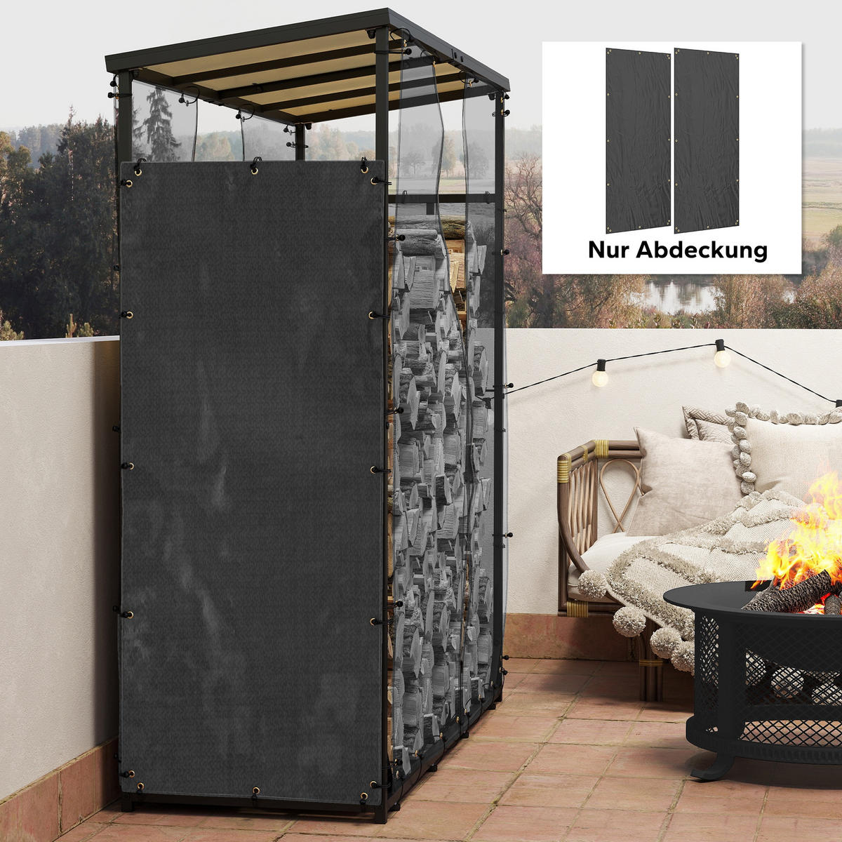 KAMINHOLZREGAL 148 x 62 cm - Schwarz, Kunststoff (62/0.1/148cm) - Outsunny