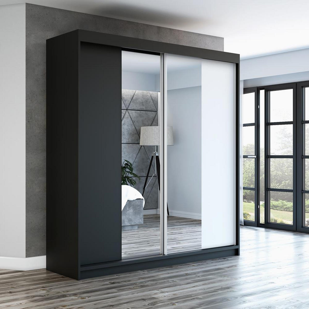 SCHWEBETÜRENSCHRANK 180 CM NEO Farbe: Schwarz / schwarz / weiß - Schwarz/Weiß, Holzwerkstoff (180/215/59.5cm) - A&J MöbelLand