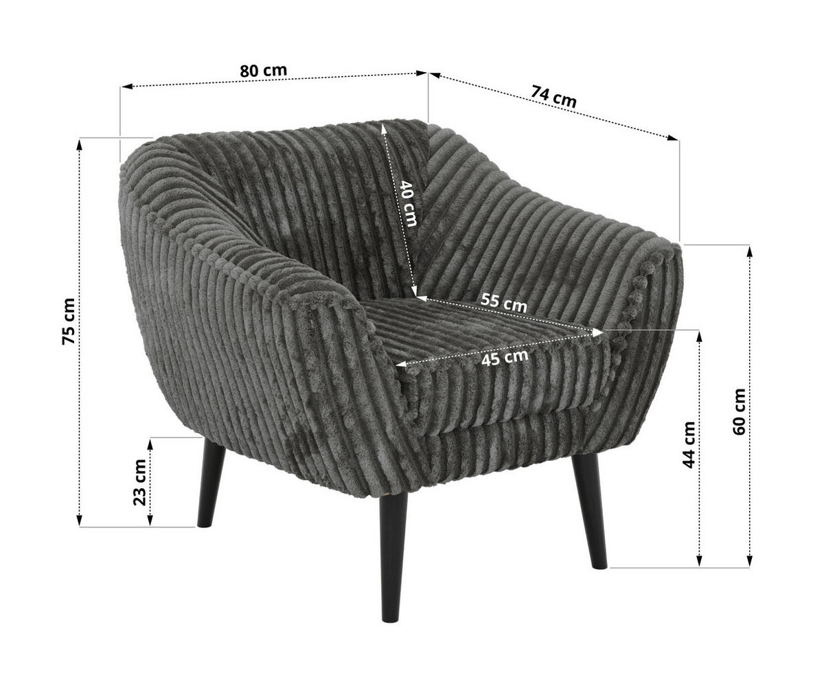 SESSEL PIRS - Grau Cord - Schwarze Beine - Schwarz/Grau, Holzwerkstoff/Textil (80/75/74cm) - MKS