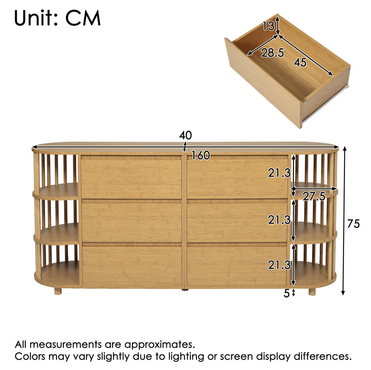 SIDEBOARD in Eiche-Optik mit 6 Schubladen, Bambusregalen und höhenverstellbaren Füßen, 160/40/75 cm,Eichefarben - Eichefarben, Holzwerkstoff (160/75/40cm) - Redom