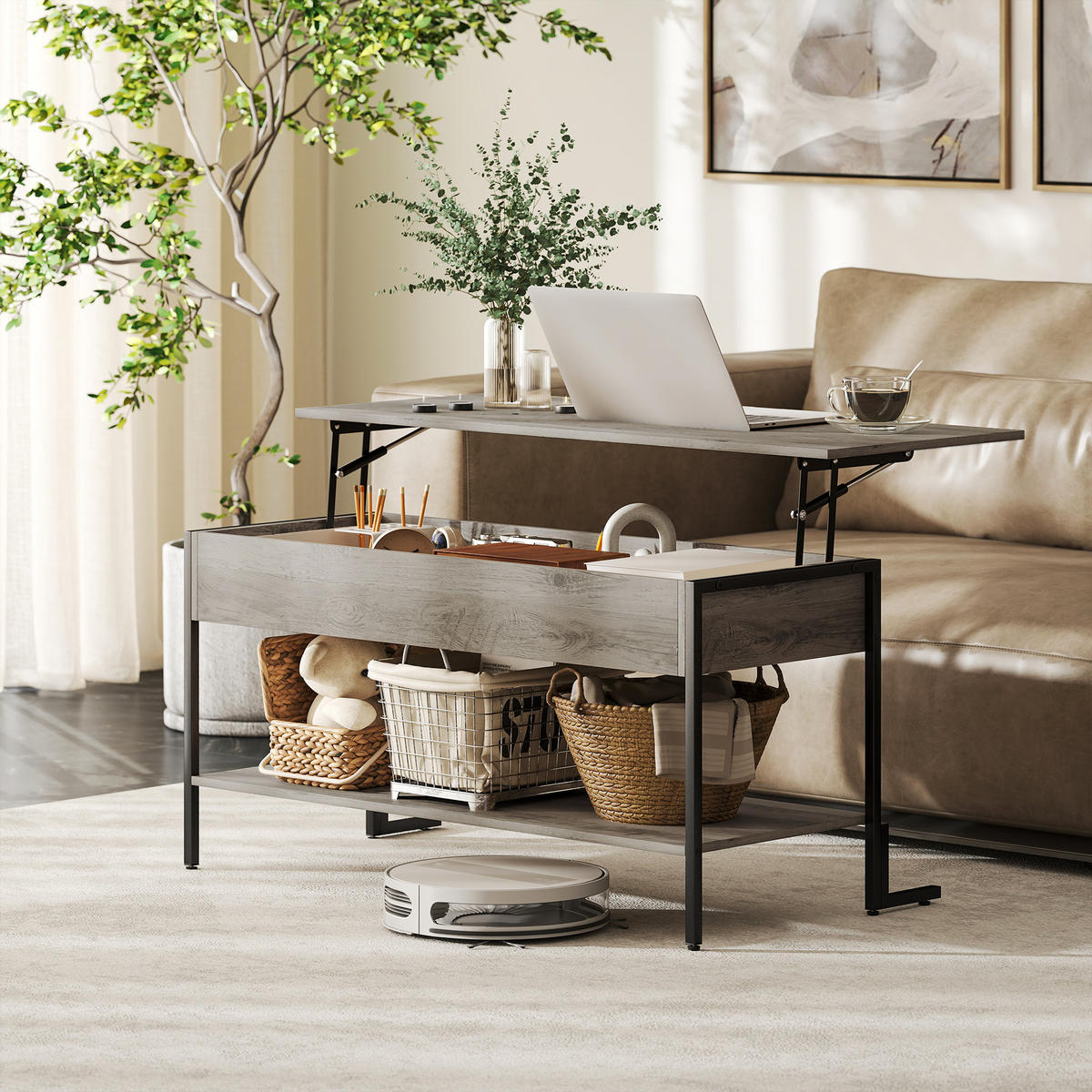 COUCHTISCH DE-15792 klappbare Platte Grau - Grau, Holzwerkstoff (95/40/59cm) - ComfortXL