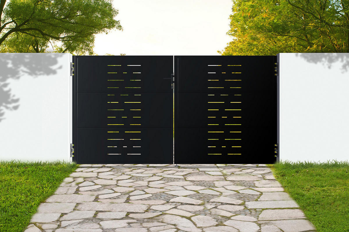 STAHLFLÜGELTOR Nali Arlberg Mattschwarz 3m H.160cm + 2 STAHLPFOSTEN Dario 8x8 H.230cm - Schwarz, Metall (293/160cm) - Casanoov