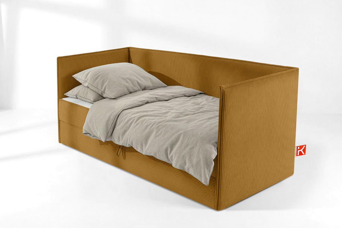 JUGENDBETT ROTI Einzelbett mit Bettkasten, 90x200cm, Bett mit Bonellmatratze, mit Rückenlehne - Gelb/Schwarz, Holz/Holzwerkstoff (92/200cm) - KONSIMO®