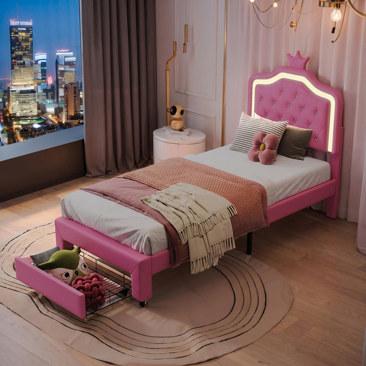 KINDERBETT 90/200 cm rosa mit Stauraum, Schublade und LED - Rosa, Holz - SHOPENTRA