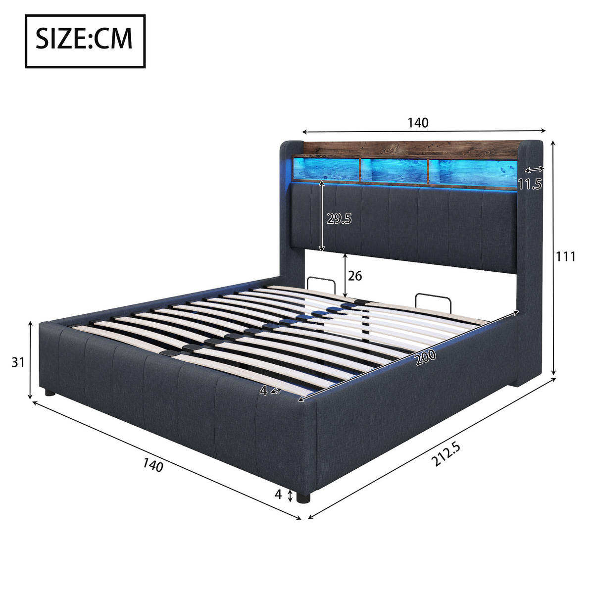 POLSTERBETT 140/200 cm mit Bettkasten, LED-Beleuchtung und USB in Grau - Grau, Textil (140/200cm) - BEAOK