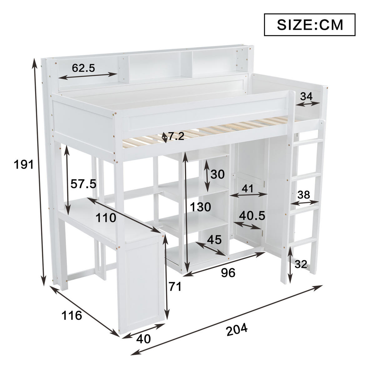 ETAGENBETT mit Tisch und Kleiderschrank, Weiß, 90/200 cm - Weiß, Holz (90/200cm) - MIVRAY