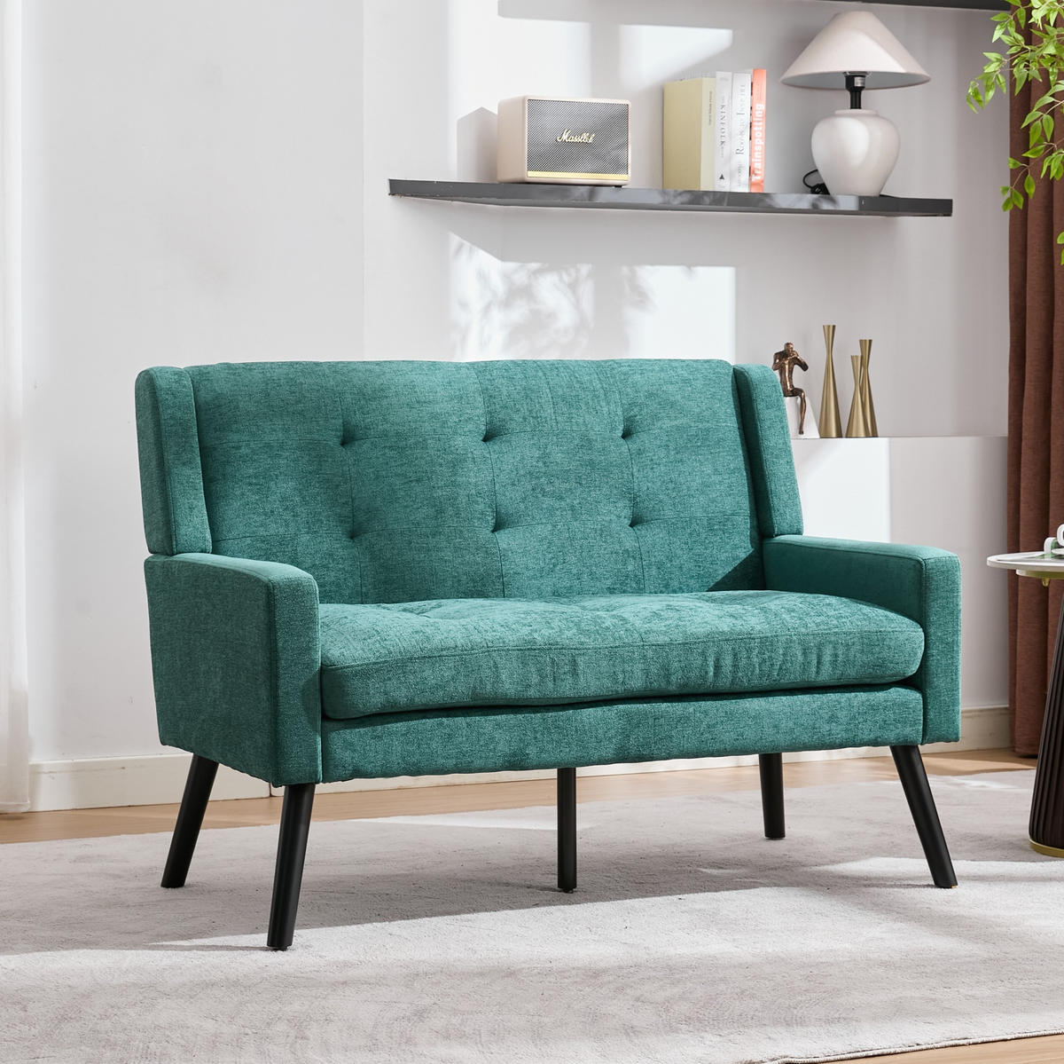 SITZBANK 2-Sitzer Leinenoptik mit Knopfheftung, Massivholzbeinen 119/75/88 cm Waldgrün - Waldgrün, Textil (75/88/119cm) - Redom