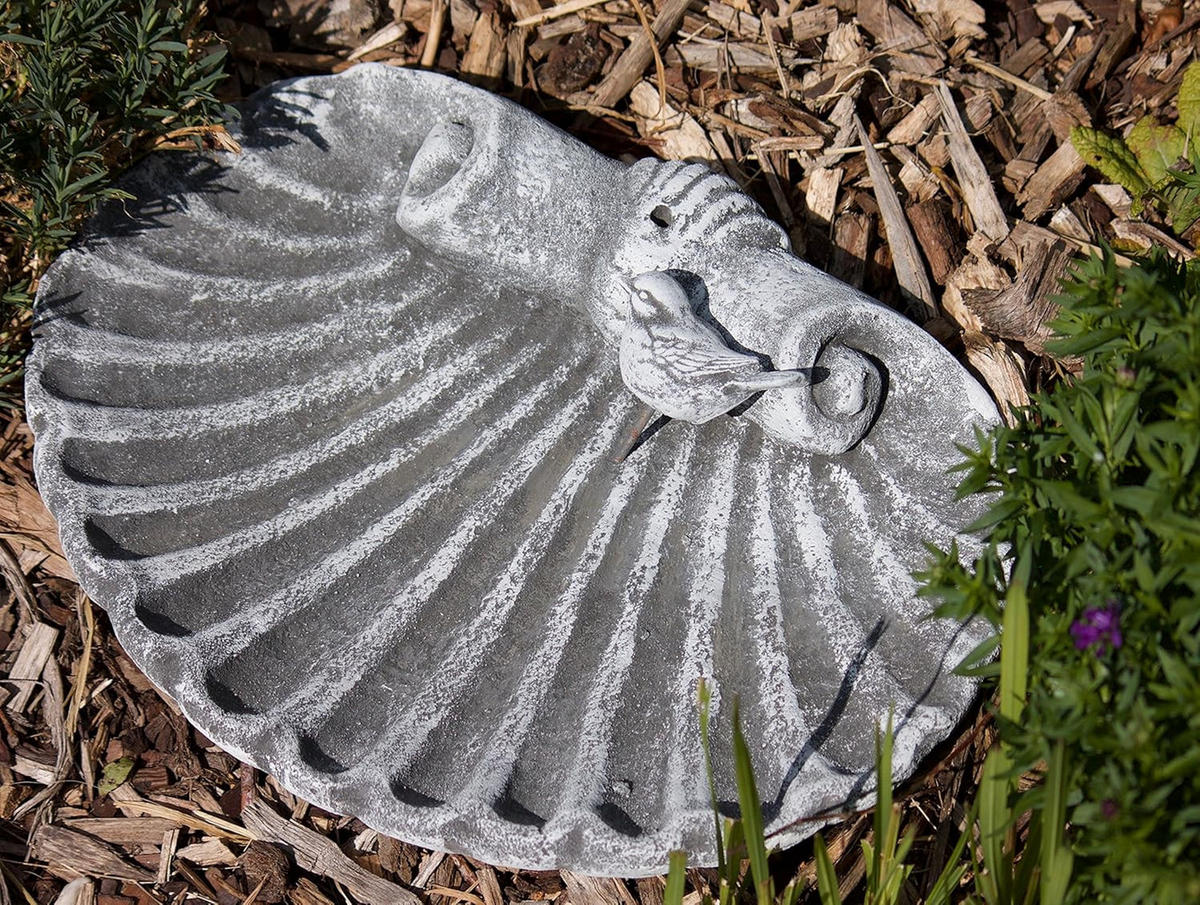 VOGELTRÄNKE Muschel mit steckbaren Vogel frostfest Steinguss - Grau, Stein (35/4/28cm) - stoneandstyle