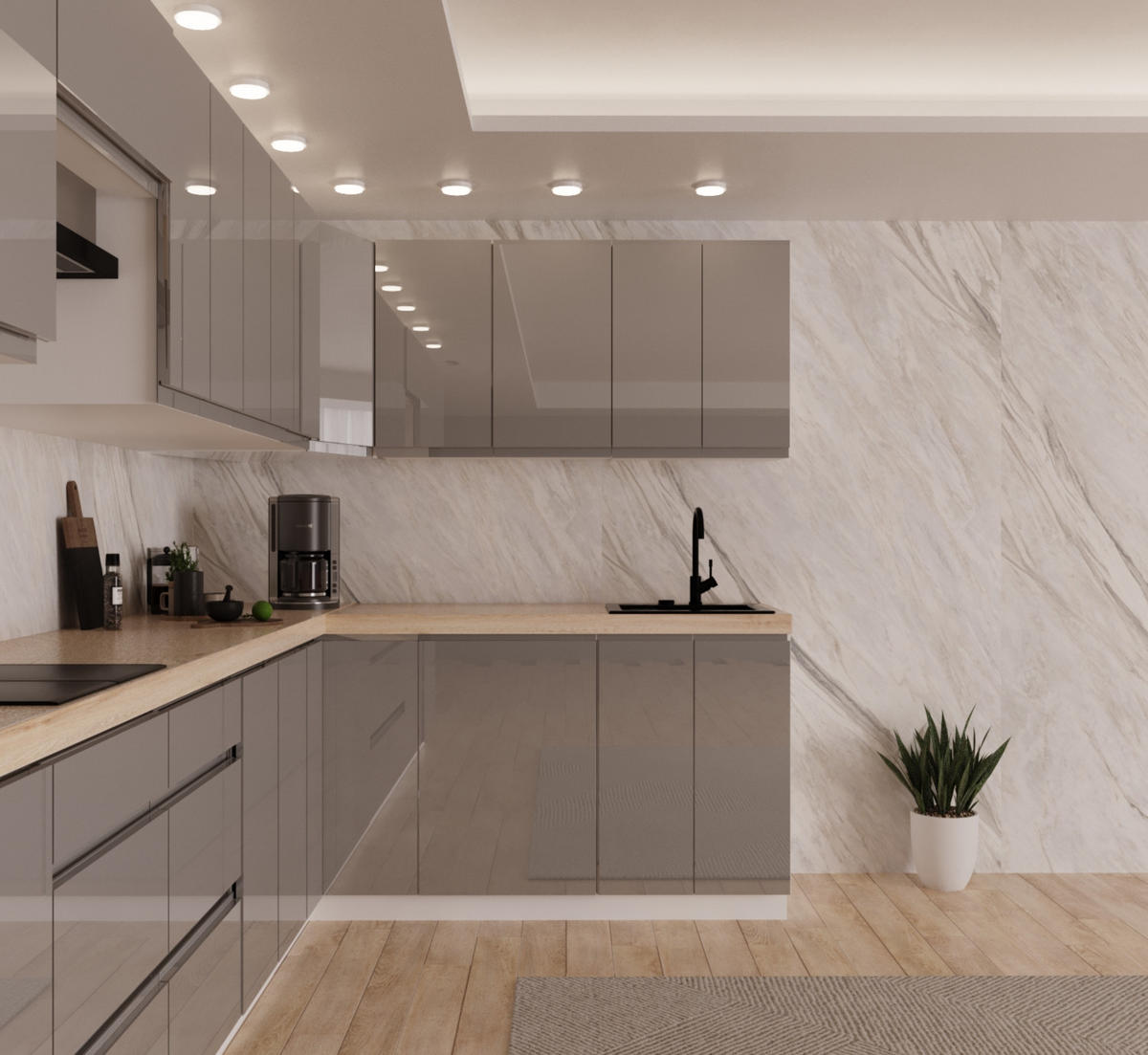 WINKELKÜCHE 420 cm x 200 cm - Aspen KA8-M420 - in Grau/Hochglanz - Grau, Holz/Holzwerkstoff (620/212/58cm)