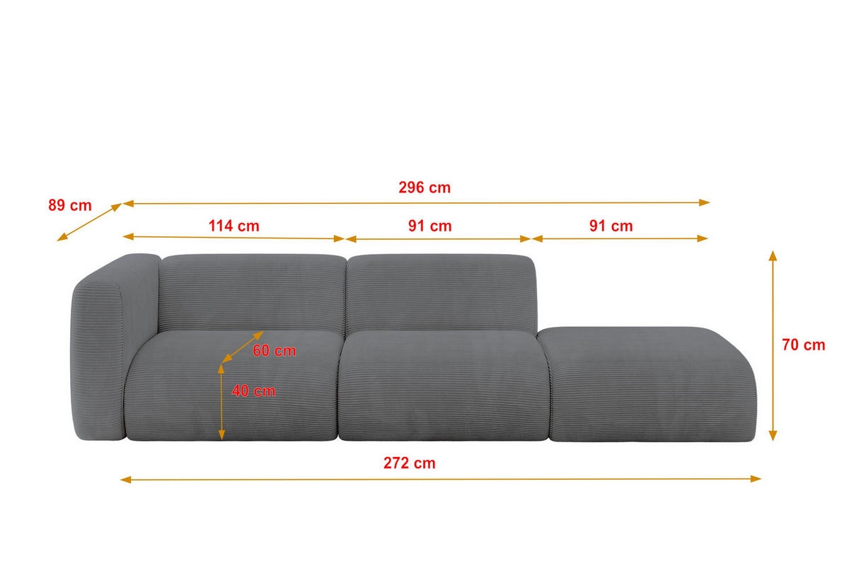 SOFA Ottomane Links MIRA-S3 296x89x70 Dunkelgrau Cord - Dunkelgrau/Schwarz, Holzwerkstoff/Kunststoff (296/70/89cm) - ALTDECOR